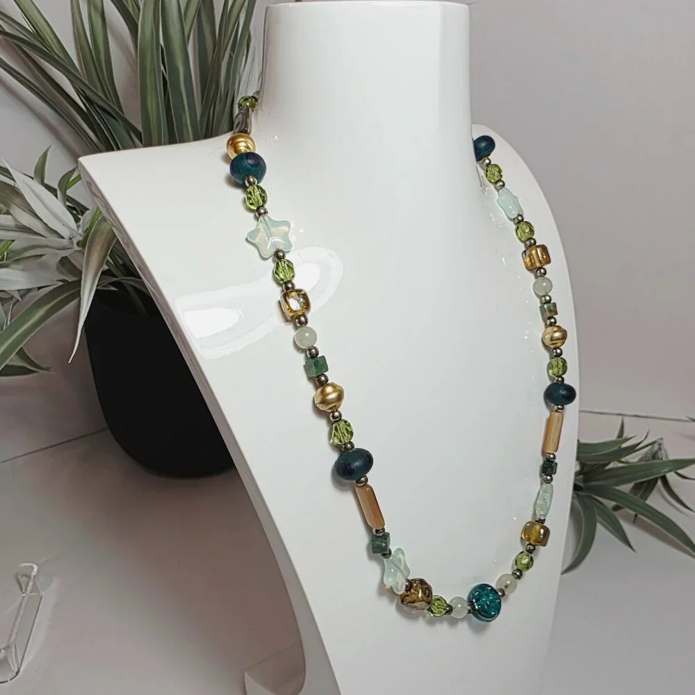 Beaded Necklace – Mixed Glass, Star Beads, Green & Gold Tones